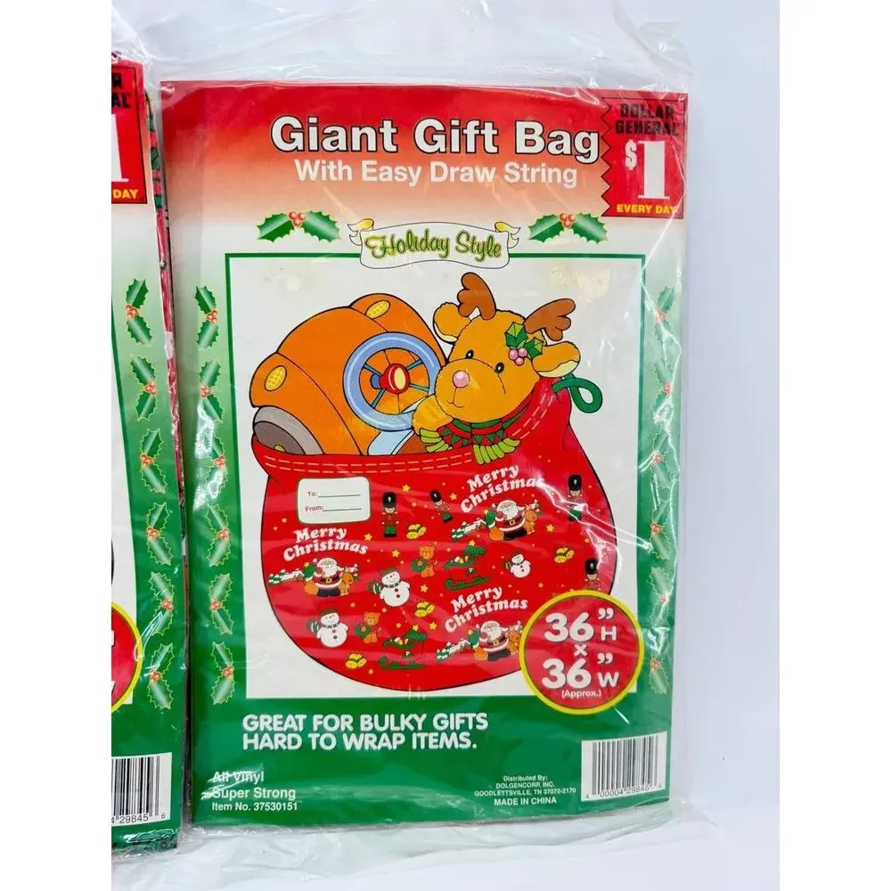 Vintage Holiday Style Giant Christmas Gift Bags 36x36 Drawstring NOS